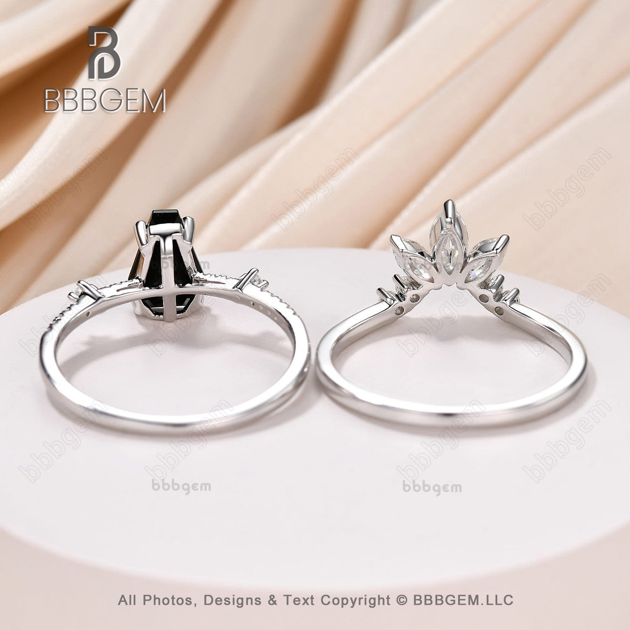 Women's Black Onyx Coffin Statement Ring Set - 3 Stone Marquise Moissanite Curve Band White Gold Promise Ring for Engagement, Anniversary & Special Occasions