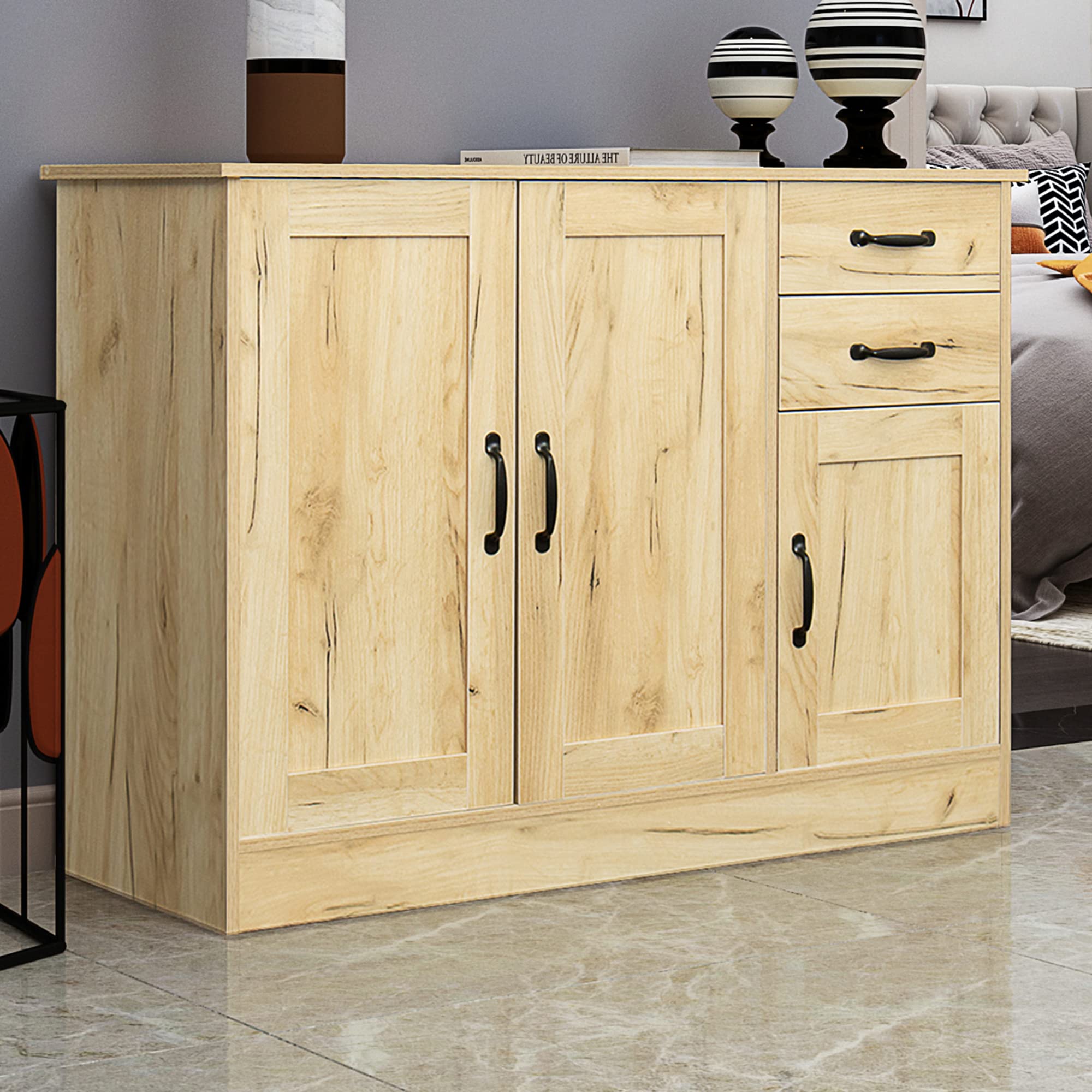 Modern Oak Buffet Sideboard with Metal Handles - 2 Door Storage Cabinet with Adjustable Shelf & 2 Drawers - Elegant Console Table for Dining Room, Living Room or Entryway Storage Solution