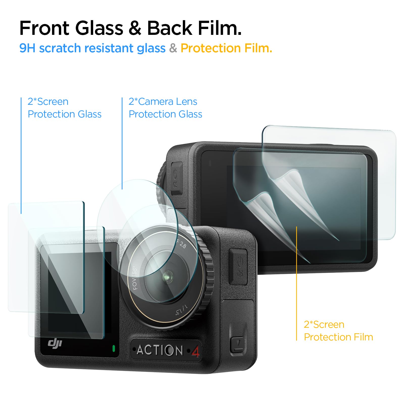 Spigen Glas.tR Slim Tempered Glass Screen Protector for DJI Osmo Action 4 - 6 Pack (2 Front Screen Protectors, 2 Camera Lens Protectors, 2 Back Screen Films) - Anti-Scratch, HD Clarity for Action Camera Protection During Outdoor Adventures & Extreme Sports
