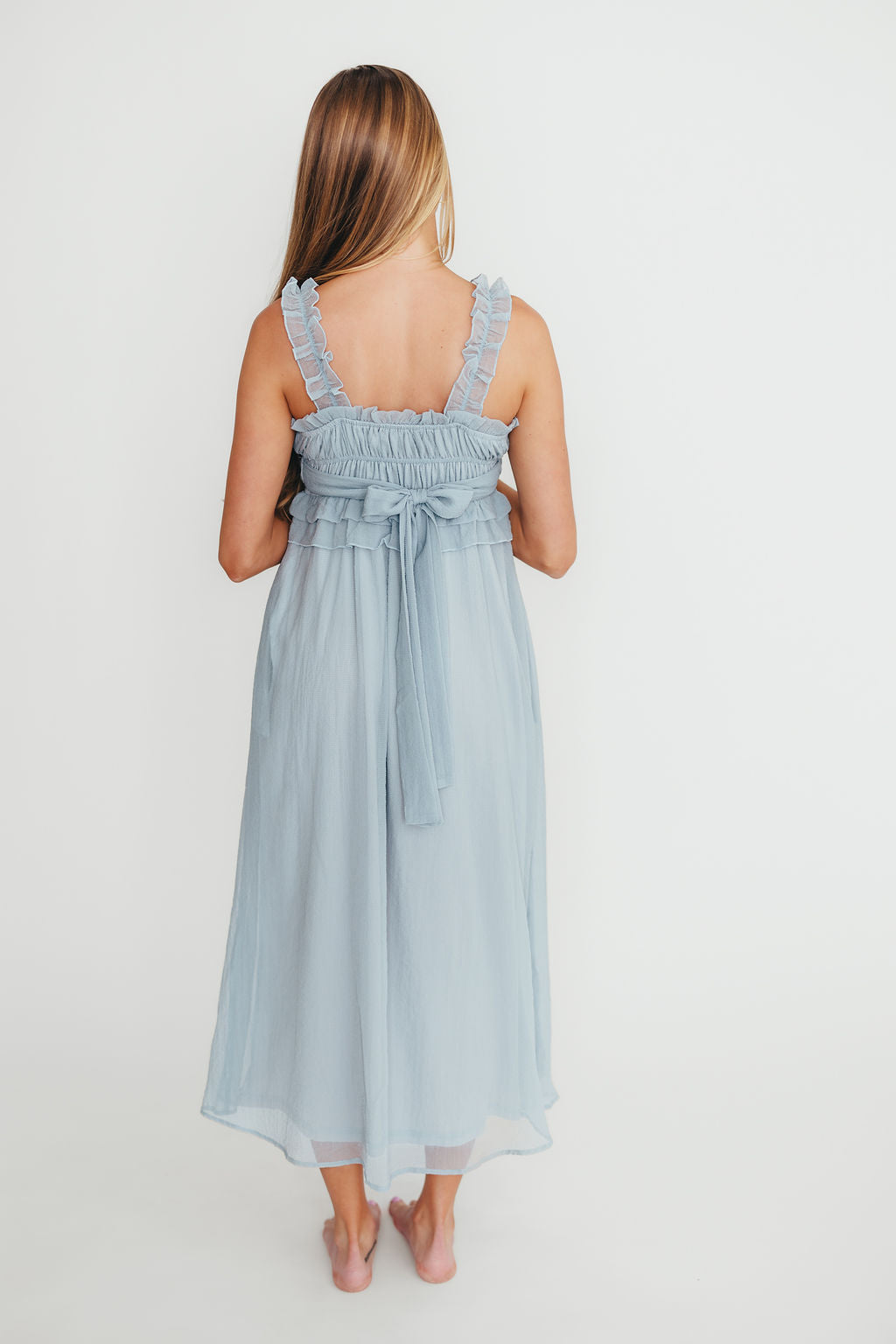 Elegant Blue Demi Ruffle Midi Dress for Women | Flowy Summer Dress for Beach, Wedding & Date Night