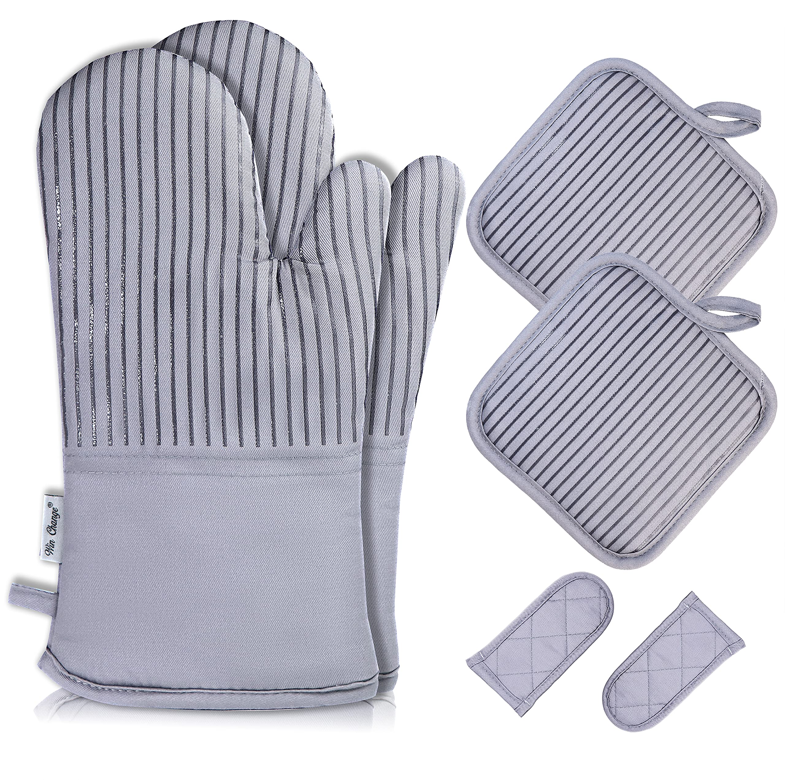 Heat-Resistant Oven Mitts and Potholders Set - 6-Piece Non-Slip BBQ Gloves for Cooking, Baking & Grilling - Recycled Silicone Infill, Grey - Perfect for Kitchen, Outdoor BBQ & Camping