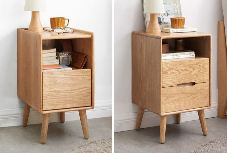 Solid Wood Ultra Narrow Nightstand - Oak, Rubber, Cherry - Perfect for Small Bedrooms, Apartments & Tight Spaces