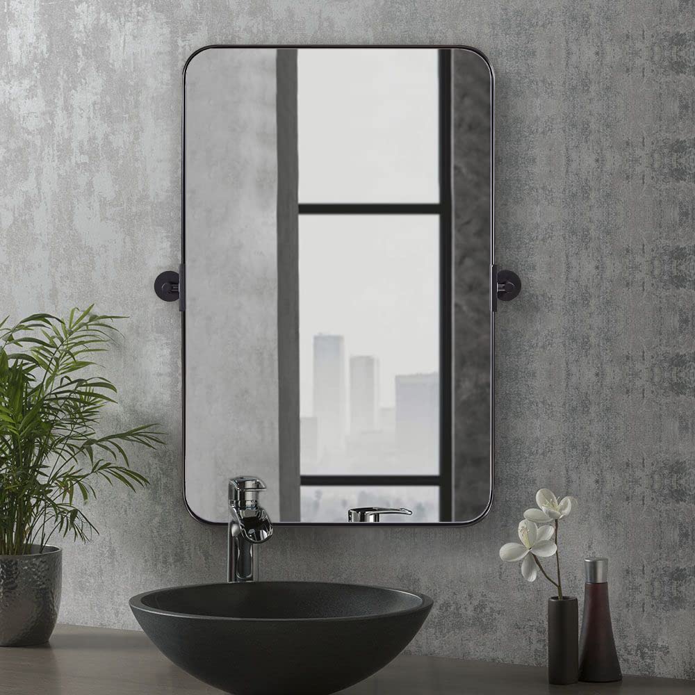 ANDY STAR 22x34 Inch Matte Black Pivot Mirror - Modern Rectangular Bathroom Wall Mirror with Metal Frame & Rounded Corners - Adjustable Tilting Vanity Mirror for Vertical or Horizontal Hanging - Perfect for Bathroom, Bedroom, Dressing Room & Makeup Area