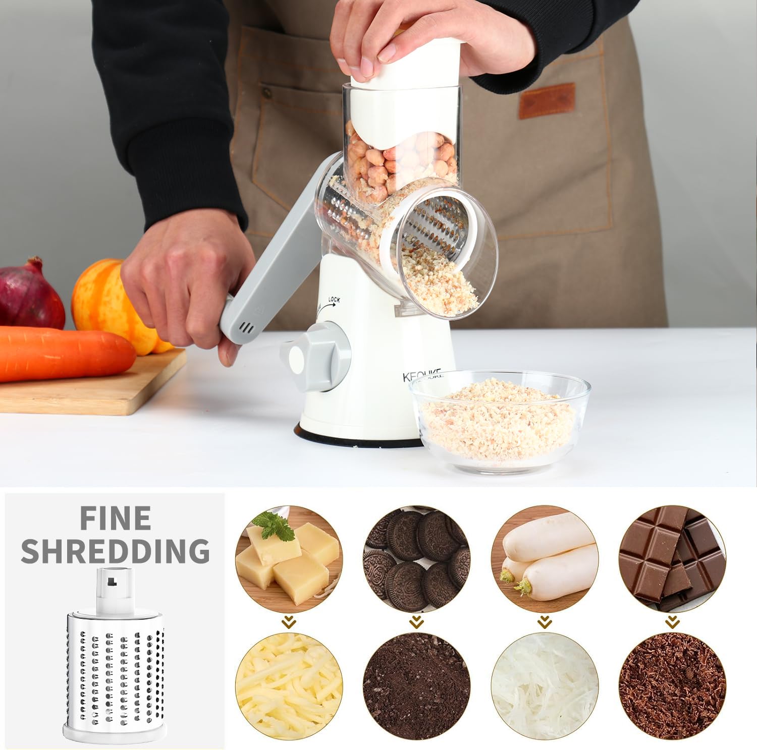 Cambom Rotary Cheese Grater - Hand Crank Cheese Shredder for Fresh Cheese, Vegetables & Nuts - Non-Slip Suction Base with 3 Blades & Free Cleaning Brush - Perfect for Pizza, Pasta, Salads & Baking (White)