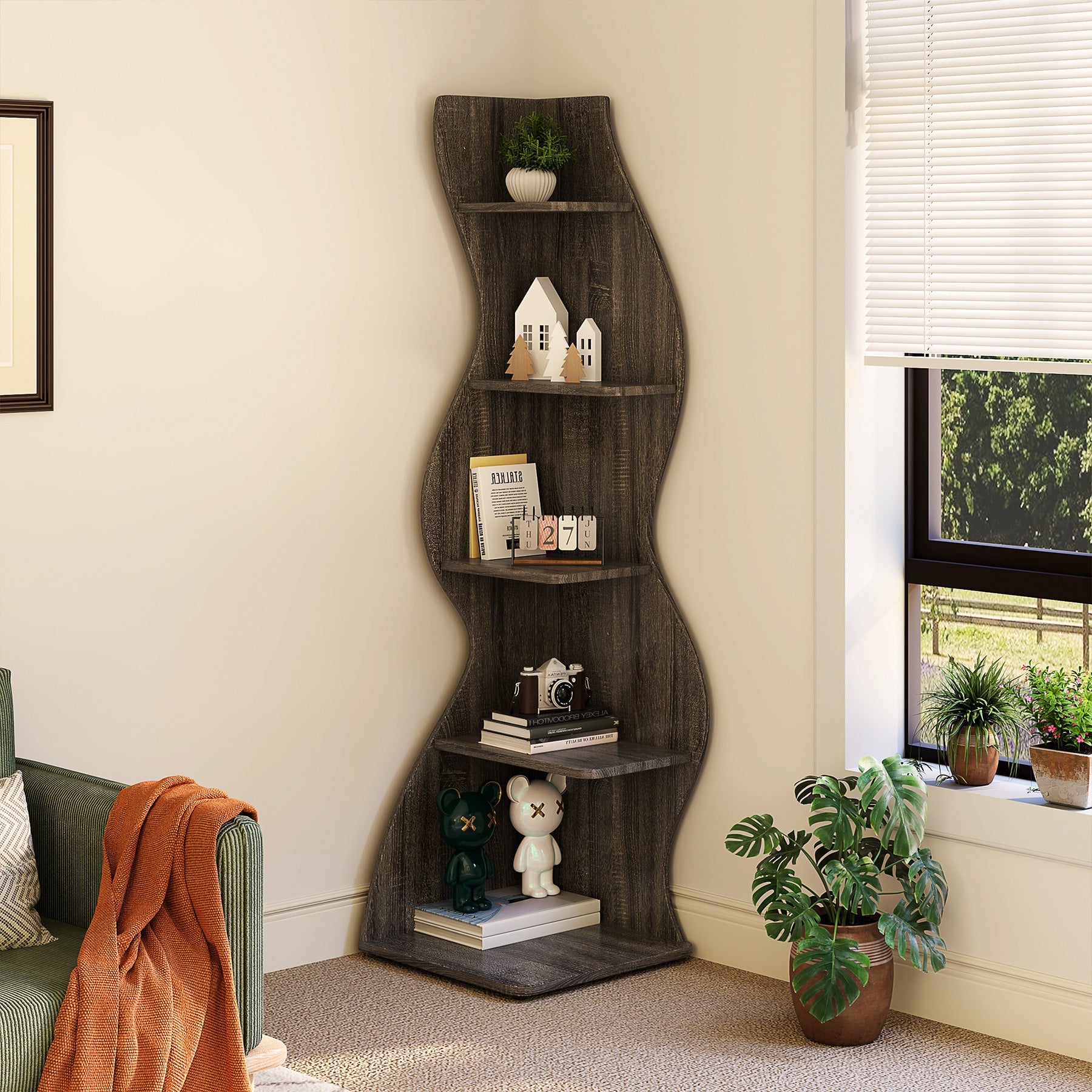 5 Tier Corner Shelf - Modern Wall Mounted Corner Bookshelf for Living Room, Bedroom, Office | Space Saving Storage Solution for Books, Plants & Decor