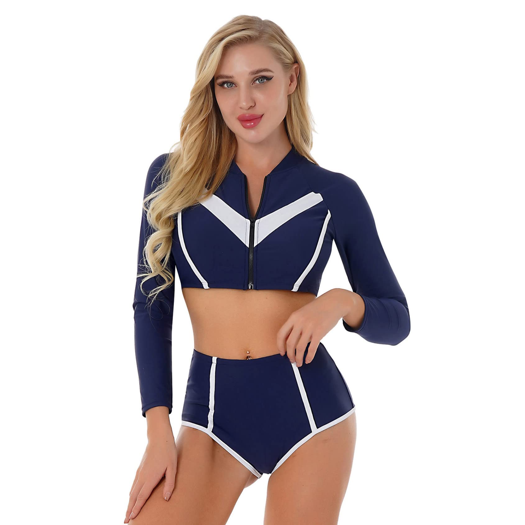 Hedmy Women's Long Sleeve Rash Guard Swimsuit Set - Athletic 2 Piece Bathing Suit with Crop Top & Shorts for Swimming, Surfing & Beach Sports