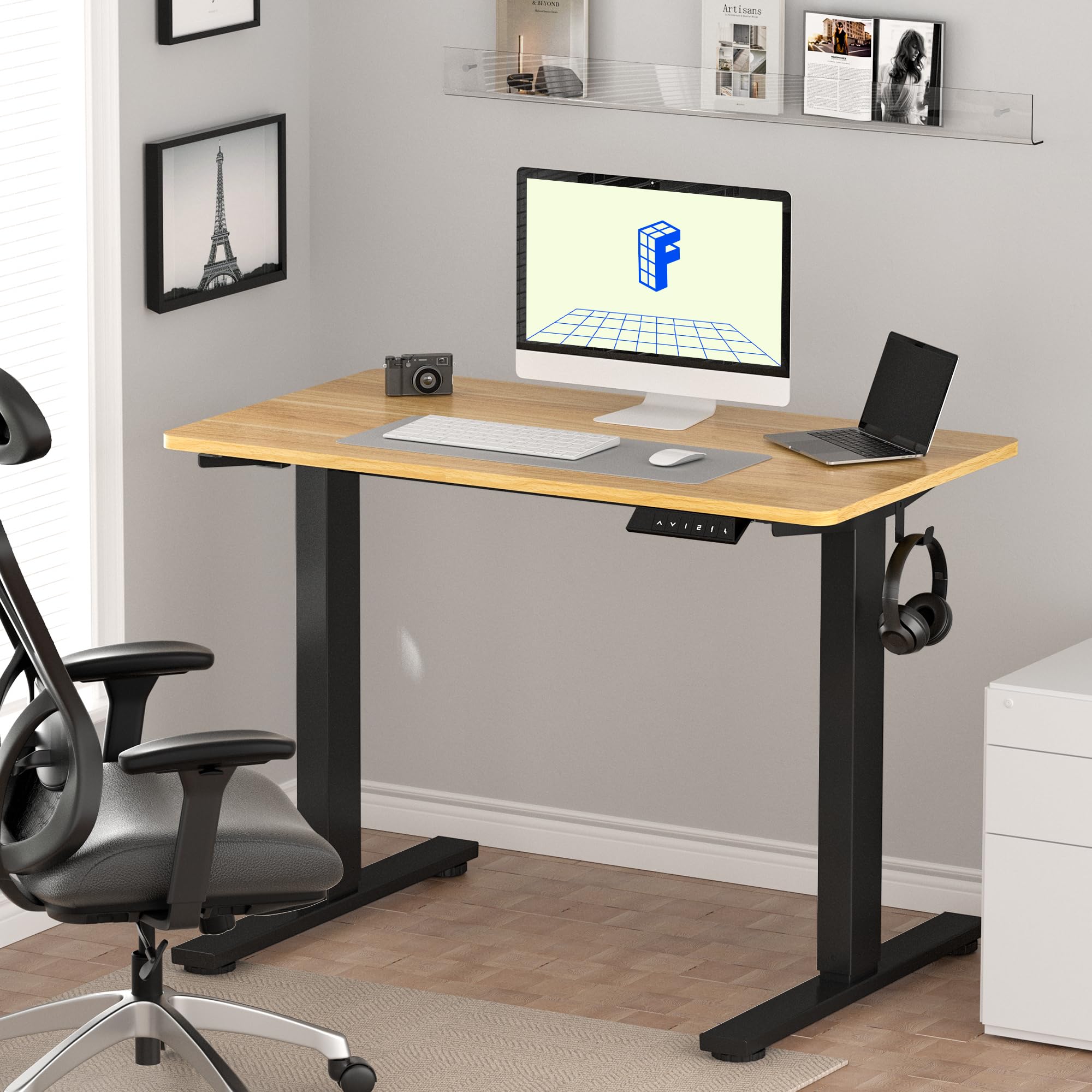 FLEXISPOT EN1 Electric Height Adjustable Standing Desk 48 x 24 Inches - Whole-Piece Sit Stand Desk with Black Frame & Maple Top (2 Packages) - Perfect for Home Office, Gaming & Workspace Ergonomics