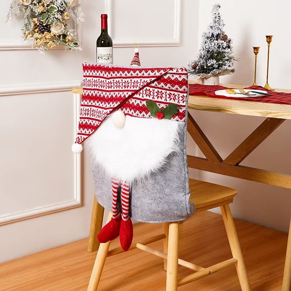Festive Christmas Chair Covers with Santa Hat - Holiday Gnome Dining & Office Chair Slipcovers for Banquets, Parties & Home Decor - Perfect for Christmas, New Year & Winter Celebrations