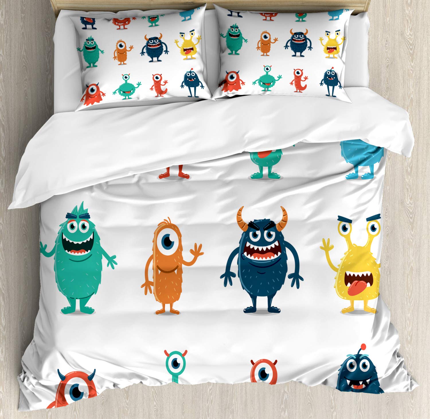 Ambesonne Alien Duvet Cover Set - Funny Monster Faces Cartoon 3-Piece Queen Size Bedding with 2 Pillow Shams in Dark Seafoam, Salmon, Sky Blue & Vermilion | Unique Home Decor for Kids Room, Teen Bedroom or Sci-Fi Themed Spaces