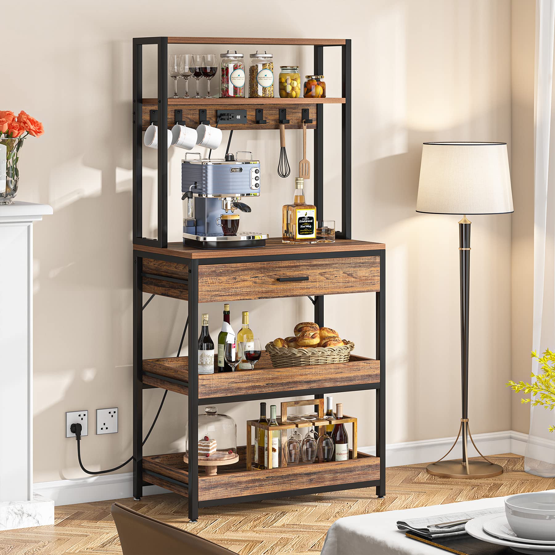 Tribesigns 5-Tier Kitchen Bakers Rack with Power Outlets & Drawer - Freestanding Microwave Stand with Sliding Shelves, Coffee Bar & 6 Hooks - Rustic Brown Kitchen Storage Shelf for Small Spaces, Apartments & Home Organization