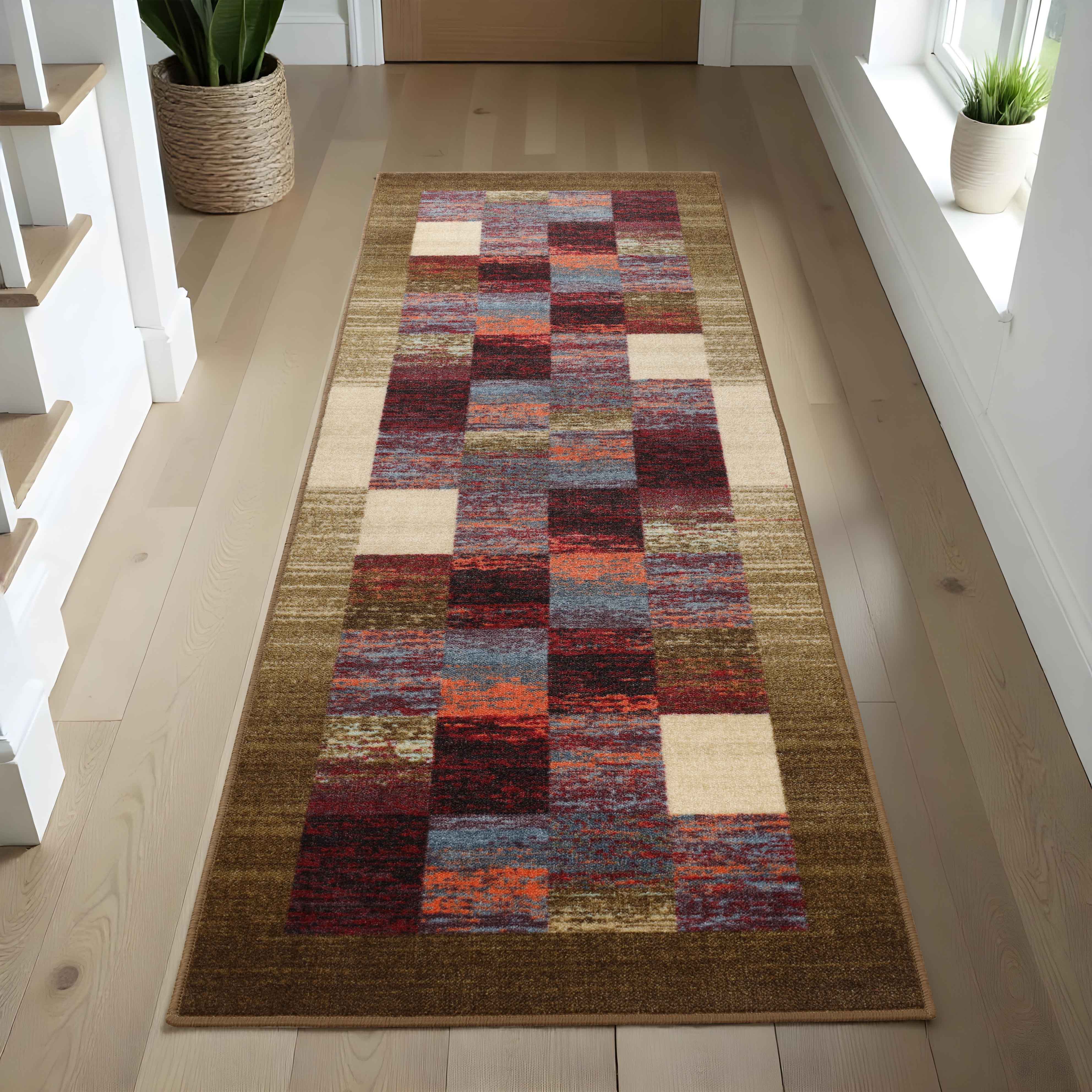 Lockwood Color Block Non-Slip Washable Indoor Area Rug or Runner - Perfect for Living Room, Bedroom, Entryway & High Traffic Areas