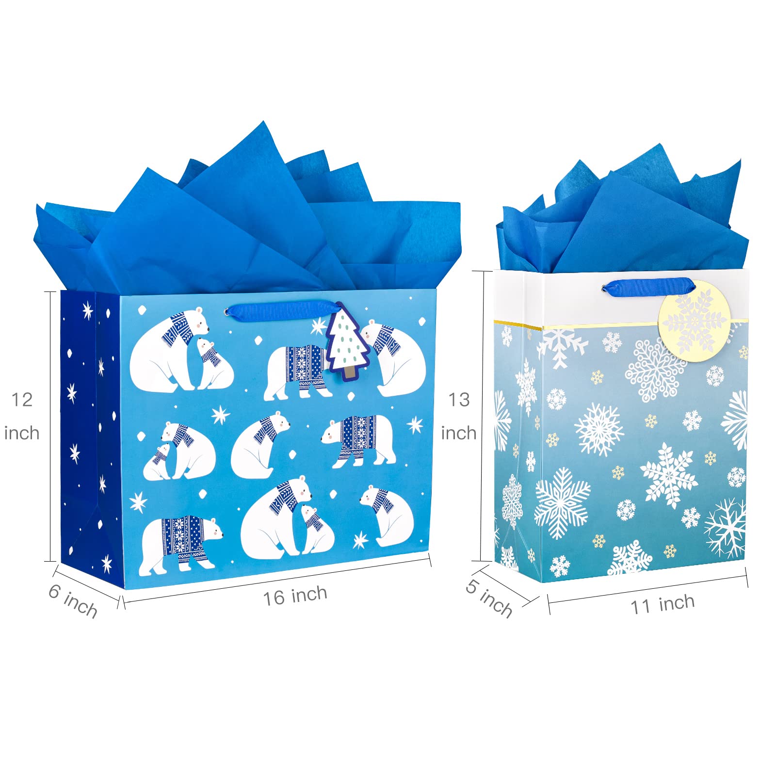 MAYPLUSS Christmas Gift Bags Set - 2 Pack Blue Bear Holiday Gift Bags for Christmas, Birthday, Party Favors, Wedding Presents - Perfect for Festive Wrapping & Gift Giving
