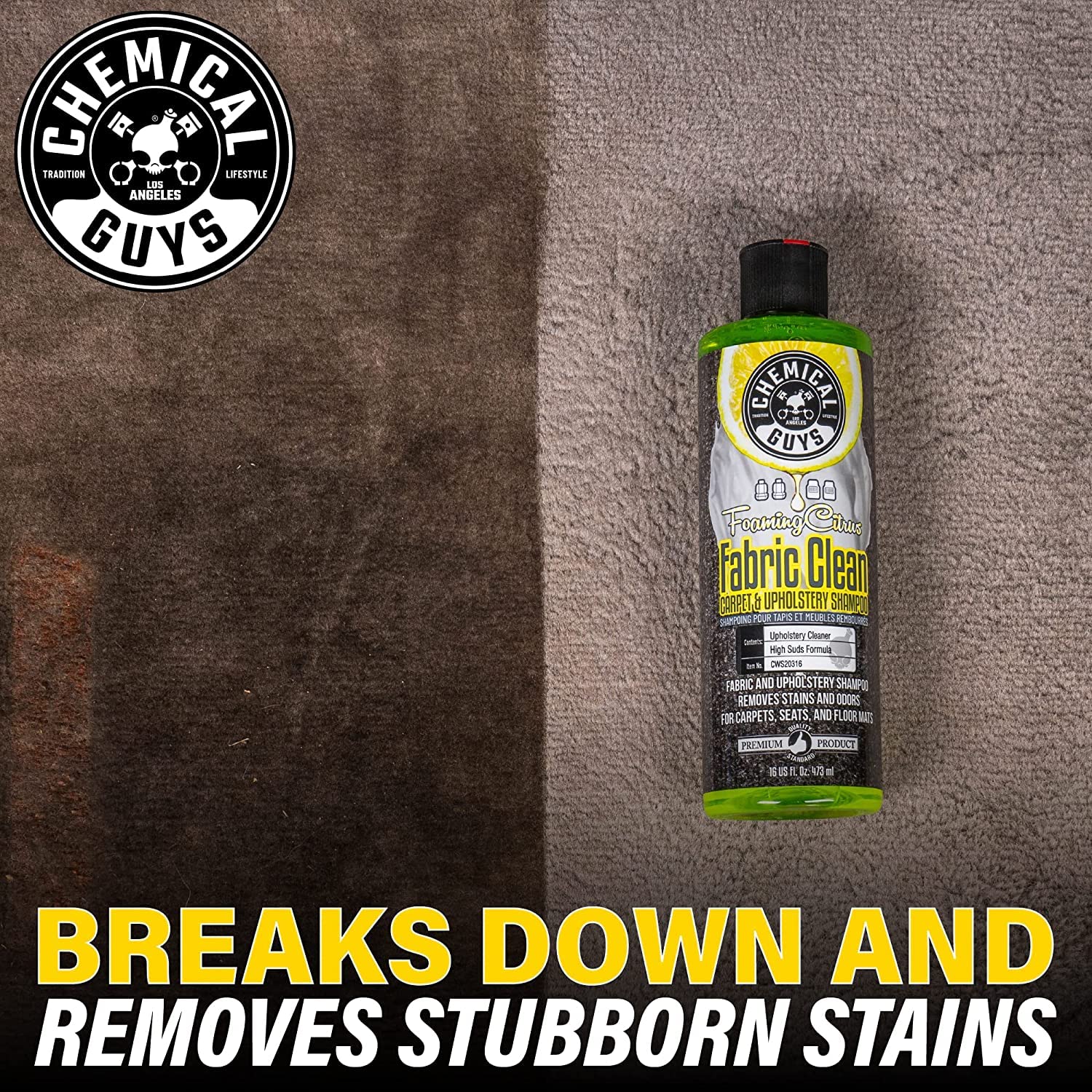 Chemical Guys Foaming Citrus Fabric & Carpet Cleaner - 32 fl oz, Safe for Cars, Home, Office Upholstery, Seats & Floor Mats | Powerful Stain Remover with Fresh Citrus Scent | Ideal for Deep Cleaning Car Interiors, Sofas & Pet Stains