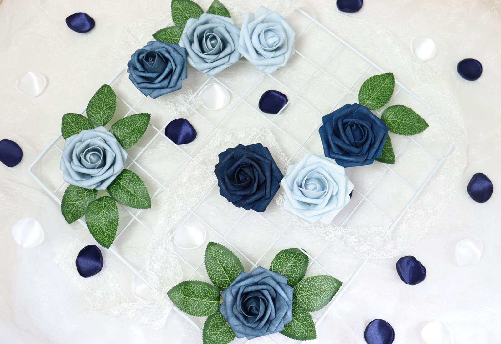 D-Seven Artificial Flowers 25 PCS Fake Roses with Stems - DIY Wedding Bouquets, Floral Arrangements, Wedding Backdrop, Bridal Shower, Baby Shower, Home Decor (Shades of Blue) - Perfect for Centerpieces, Table Decorations, and Party Decor