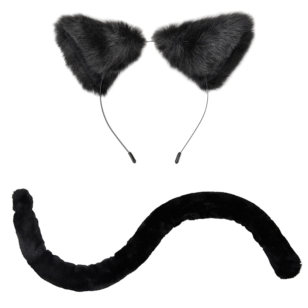 E-TING Black Cat Ears and Tail Set - Cosplay Costume Accessories for Halloween, Anime Conventions & Dress-Up Parties - Adjustable Cat Ear Headband with Matching Fluffy Tail
