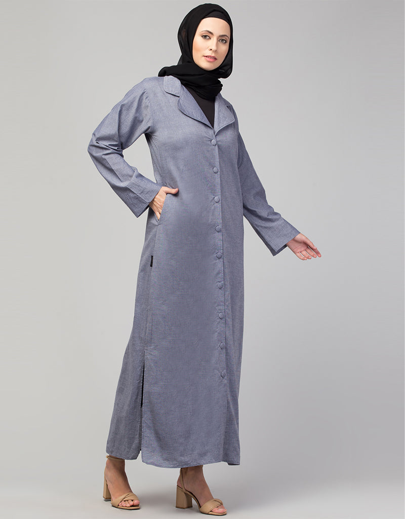 Sky Blue Arabic Abaya with Self-Fabric Buttons & Coat Collar - Modest Islamic Dress for Prayer, Mosque & Special Occasions