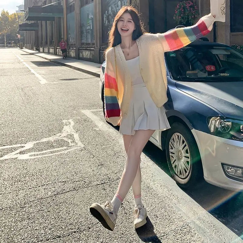 Rainbow Striped Knitted Cardigan for Women - Cozy Oversized Sweater for Fall & Winter - Perfect for Casual Wear, Office, and Date Nights