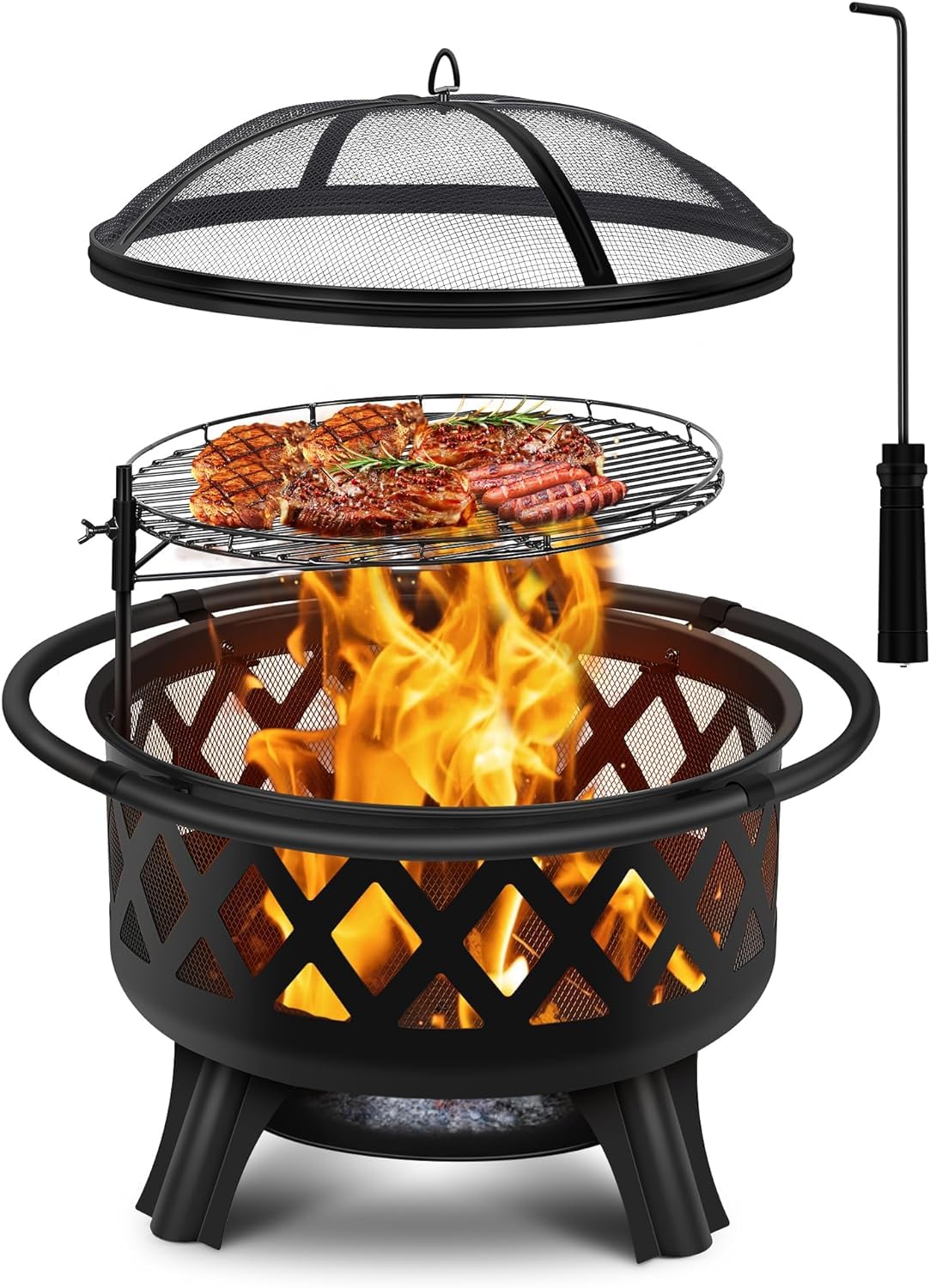 GARVEE 30-Inch Wood Burning Fire Pit with Grill & Spark Screen - Outdoor Backyard Camping, Patio, Garden, BBQ Cooking & Bonfire Nights