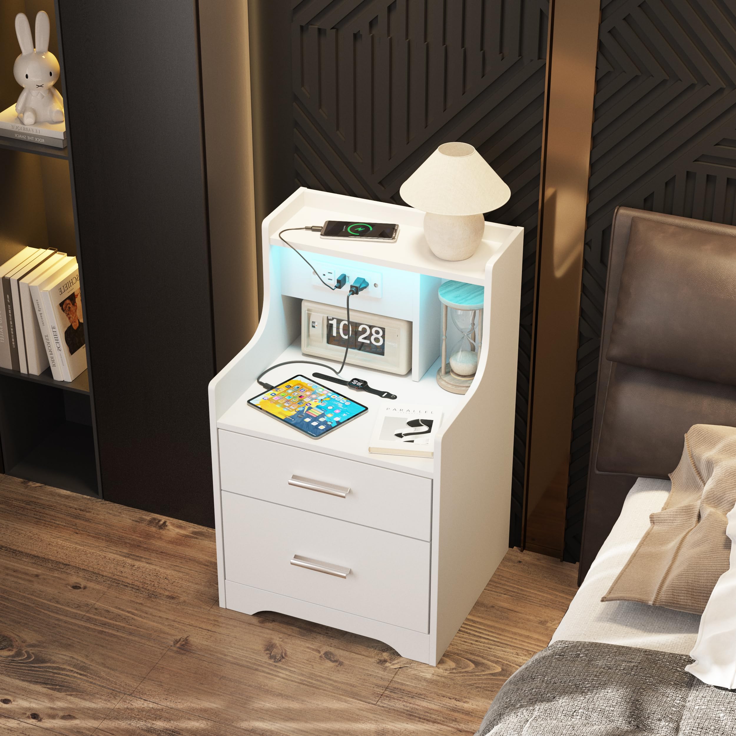 White Nightstand with Charging Station & LED Lights - 2 Drawers Bedside Table for Kids Bedroom & Living Room - Perfect for Toddlers' Bedside Storage