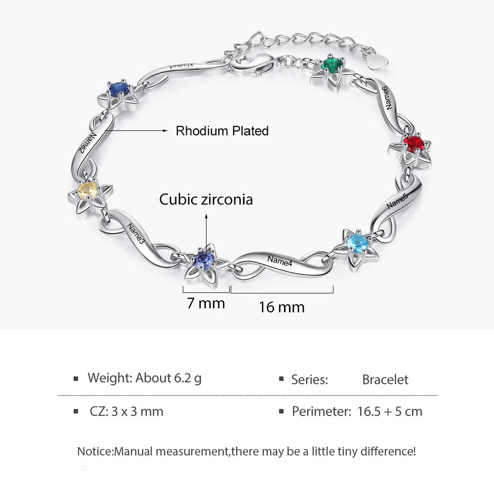 Personalized Infinity Mothers Bracelet with 6 Simulated Birthstones & Engraved Names - Family Jewelry Gift for Women, Mom, Wife - Perfect for Mother's Day, Birthday & Anniversary Celebrations