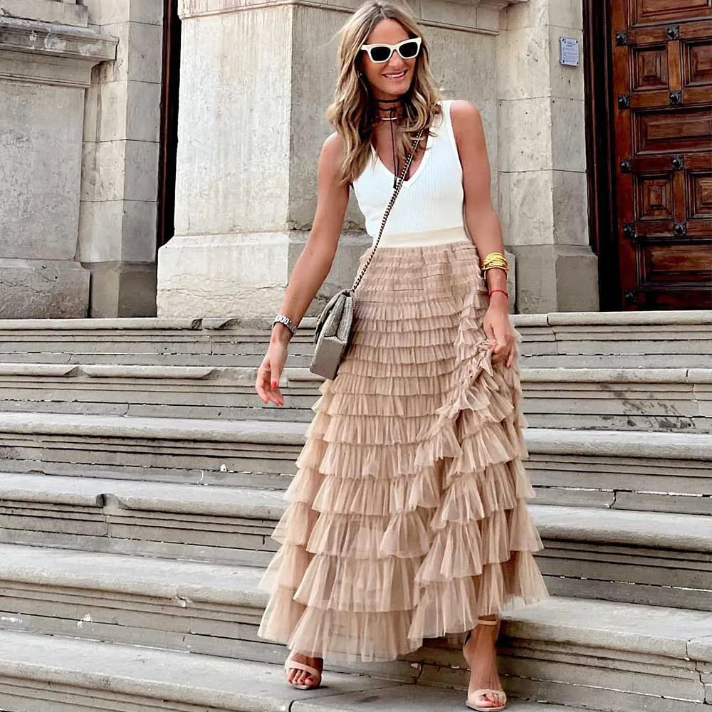 Elegant Women's High Waist Tulle Ball Gown Long Skirt - Pleated Tutu Skirt for Dating, Parties & Special Occasions | Wild Mesh Maxi Skirt for Formal Events & Evening Wear