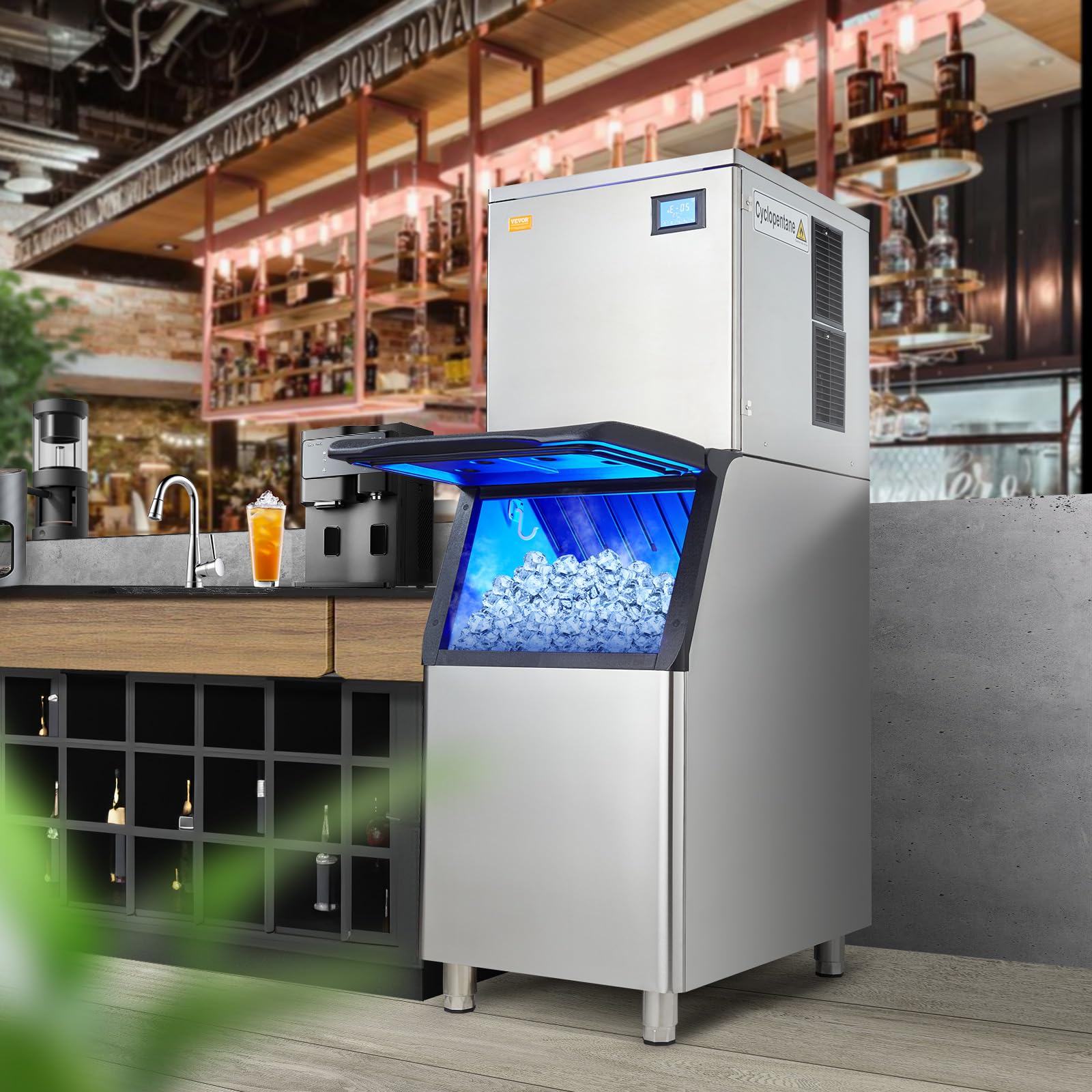 VEVOR Commercial Ice Maker Machine 400LBS/24H with 330.7LBS Storage Bin, 800W Self-Cleaning, 3.5