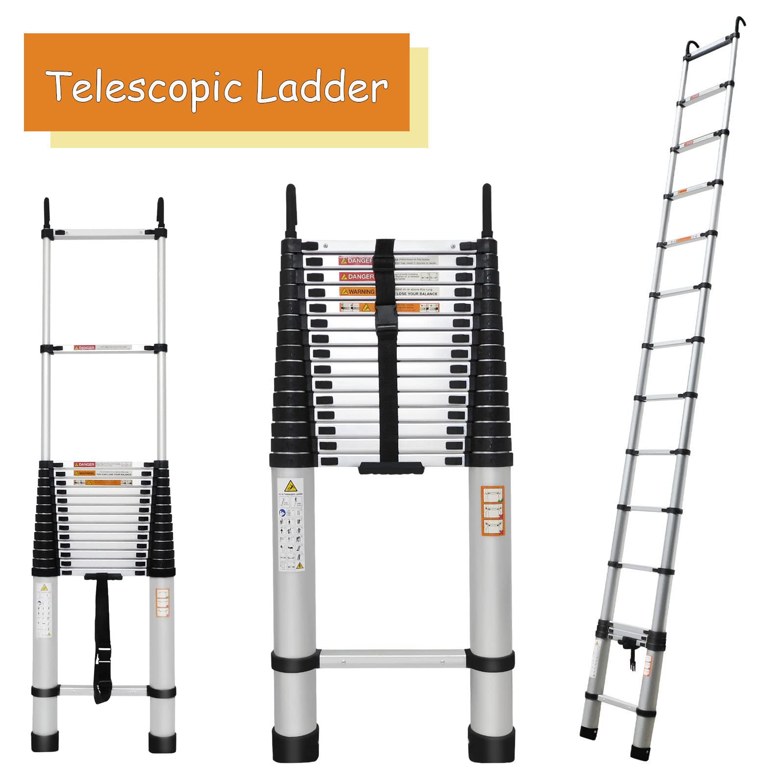 20.3ft Aluminum Telescoping Ladder - Lightweight Portable Extension Ladder with 2 Detachable Hooks, 330lbs Load Capacity EN131 Certified - Perfect for Home, Office, Attic, Roof Work & Outdoor Projects - Folded Height 3.4ft for Easy Storage