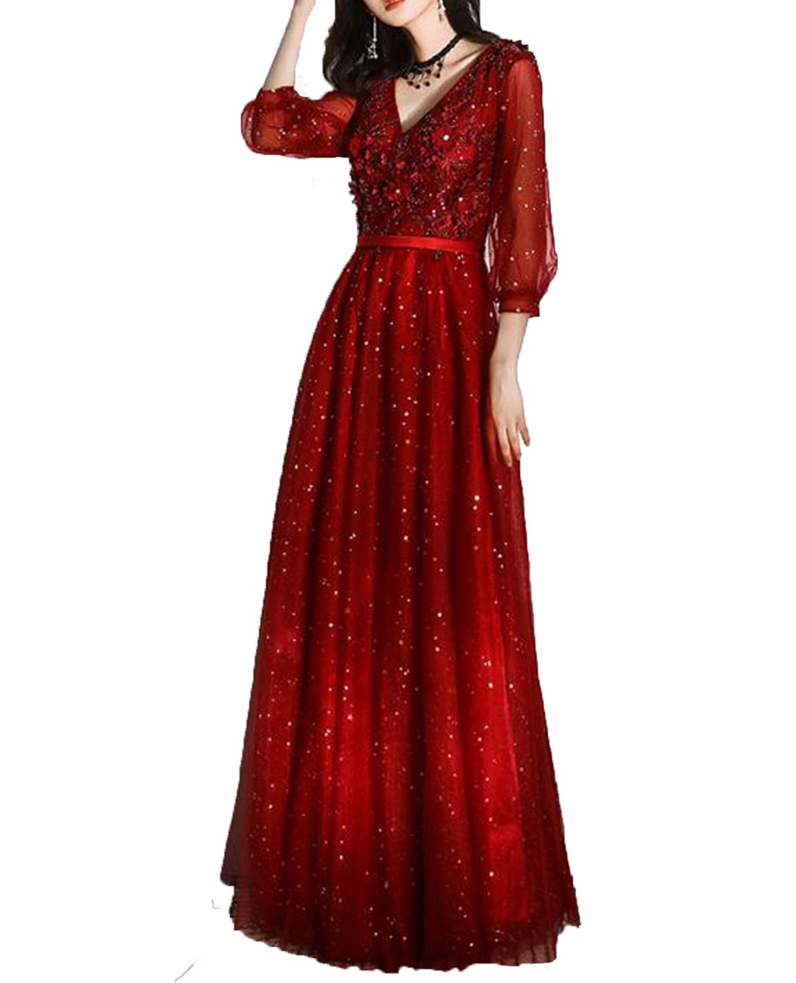 Elegant 2020 Women's Long Sleeve Applique Lace Prom Dress - Shiny Tulle Formal Evening Gown for Homecoming, Wedding & Special Occasions