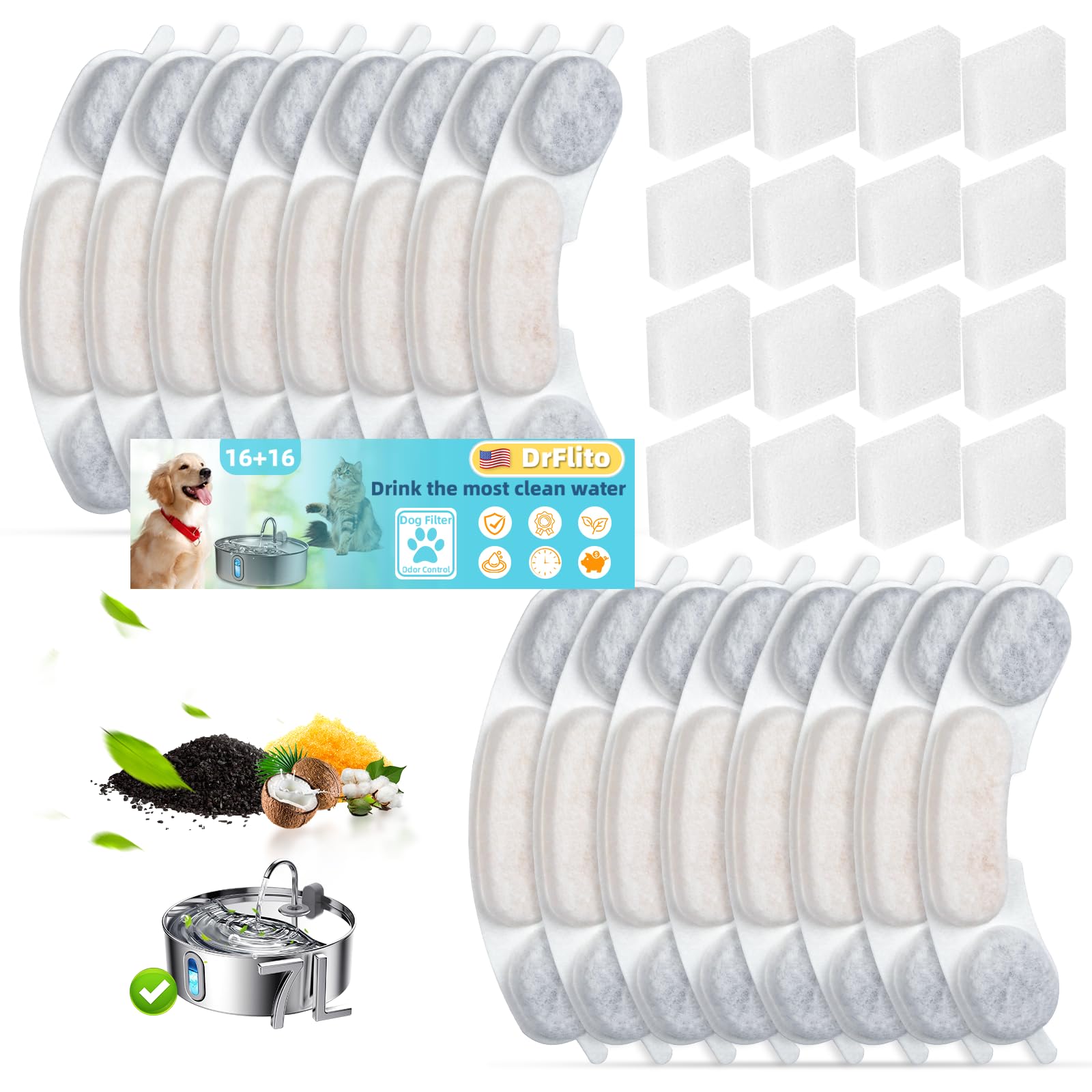 16-Pack Smartoo 7L/236oz/1.8G Dog Water Fountain Replacement Filters - Compatible with Stainless Steel Pet Fountains - Keep Water Clean & Fresh for Your Pets - Perfect for Home, Office or Travel Use