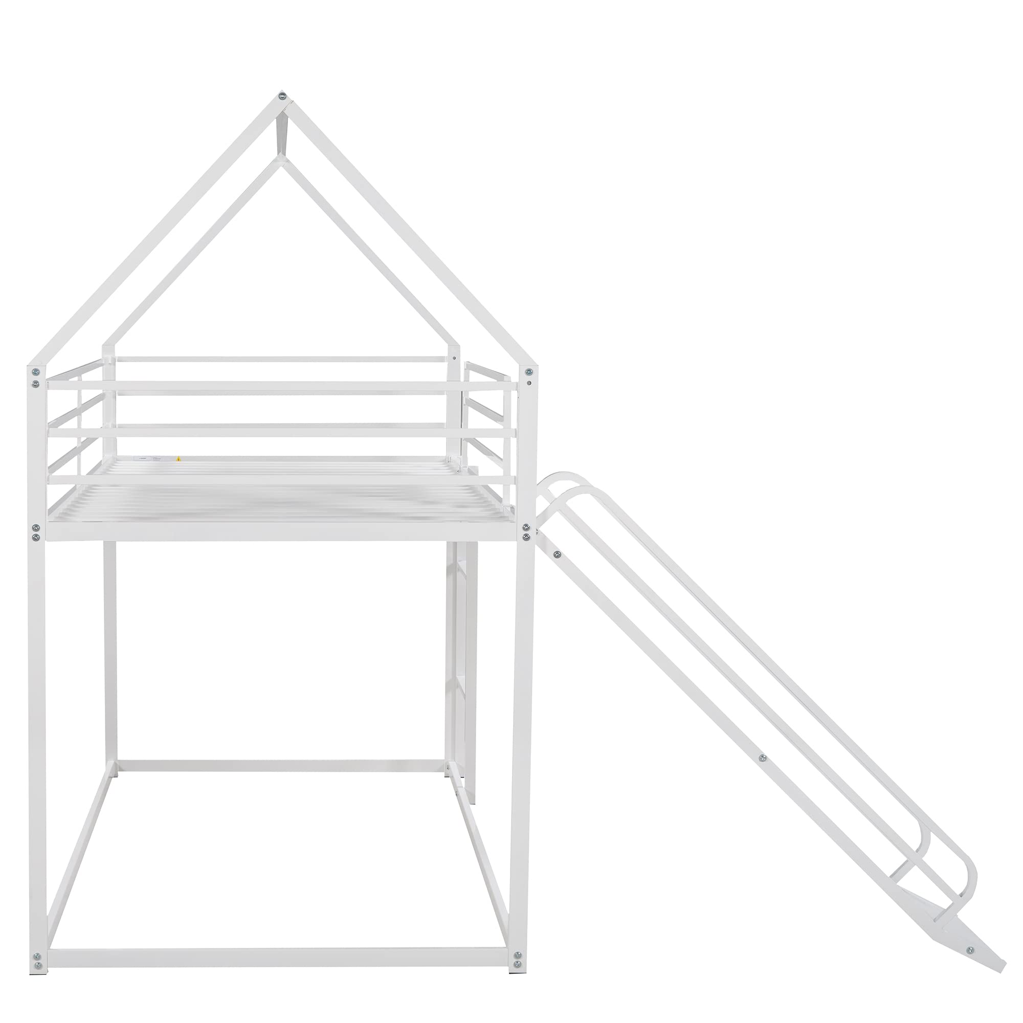Twin Over Twin Bunk Bed with Slide - Metal Bunk Bed with Convertible Ladder & Safety Guardrails - Kids Bunk Bed with Roof & Low Floor Design - Perfect for Boys & Girls Bedrooms, Playrooms or Vacation Homes - White
