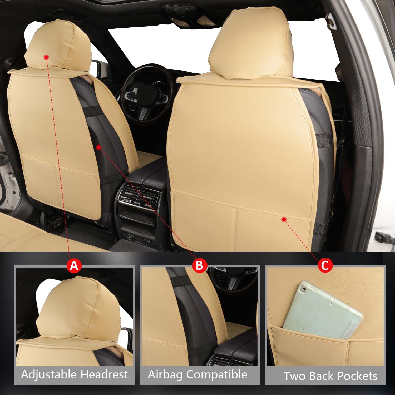 Premium MIROZO Leather Car Seat Covers Full Set - Universal Waterproof Automotive Seat Protectors for Sedan, SUV & Pickup Trucks (Beige) | Perfect for Daily Commute, Road Trips & Family Protection