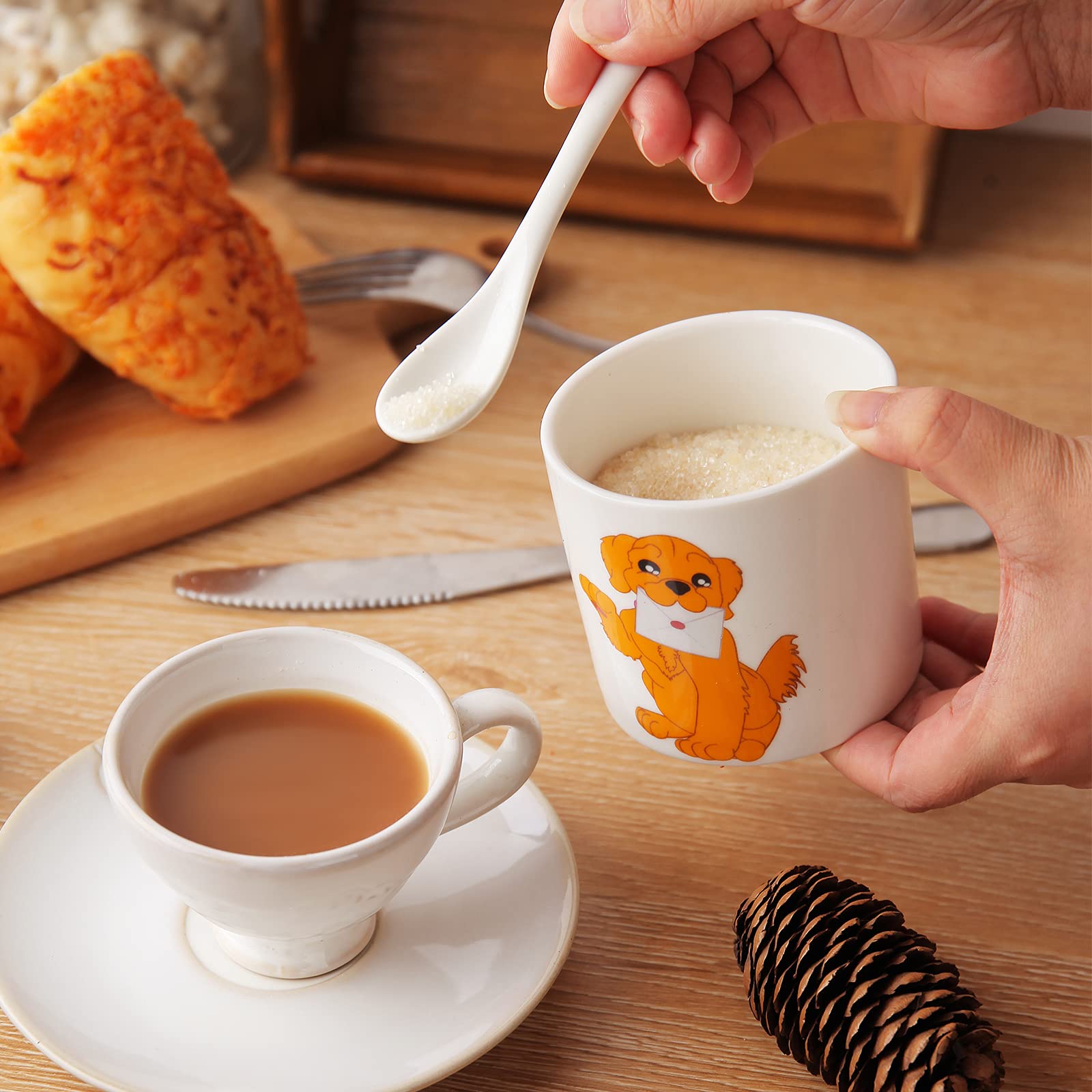 Ceramic Sugar Bowl with Wooden Lid & Stainless Steel Spoon - 9oz/266ml Dog Pattern Porcelain Sugar Container for Coffee, Tea & Baking | Perfect for Kitchen, Breakfast & Dog Lovers Gift | Home Decor & Coffee Bar Essential