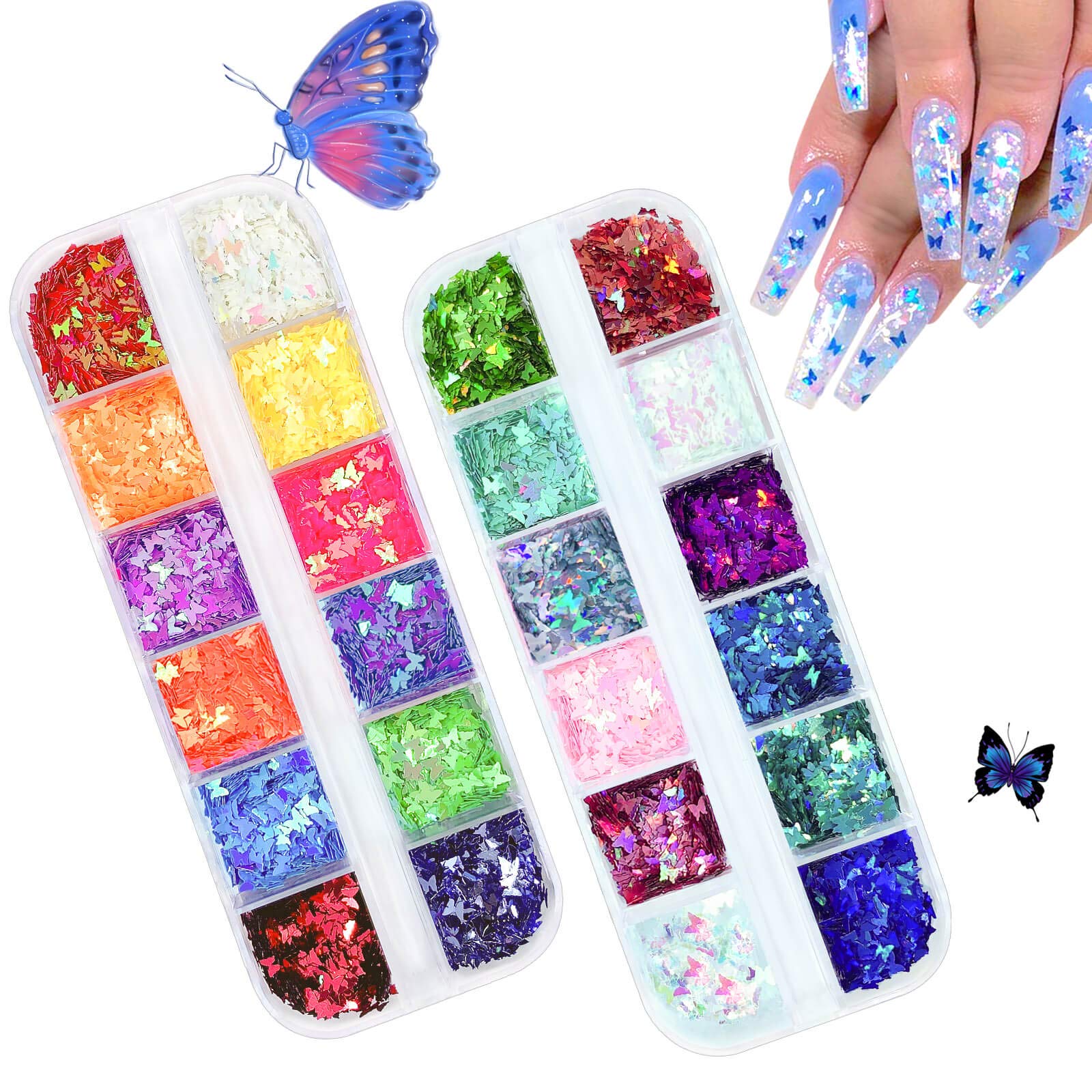 3D Holographic Butterfly Nail Glitter - 24 Colors UVANKAUP Butterfly Sequins for Nail Art, DIY Crafts | Perfect for Acrylic Nails, Manicures & Party Nail Designs