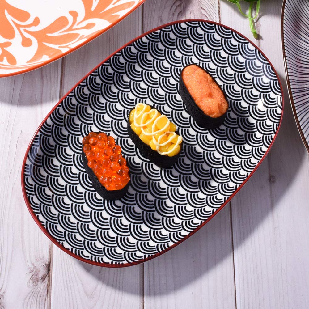 Premium Japanese Porcelain Sushi Plate Set - 4 Glazed Ceramic Dinner Plates 9.4 Inch Oval Fish Plates for Sushi, Appetizers & Asian Cuisine - Elegant Tableware for Restaurants, Home Dining & Parties