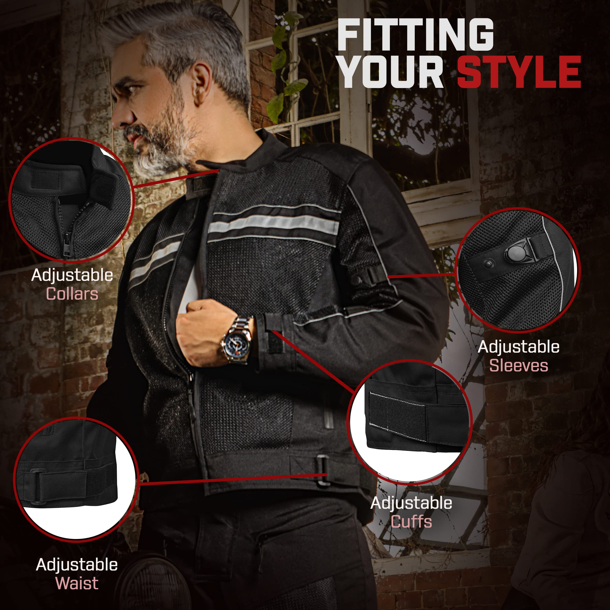 WICKED STOCK CE Level 1 Certified Men's Motorcycle Jacket - Lightweight Mesh Biker Jacket with Adjustable Cuffs & Waist Belt - Reflective Armored Jacket for Summer Riding - Perfect for Street Biking & Commuting