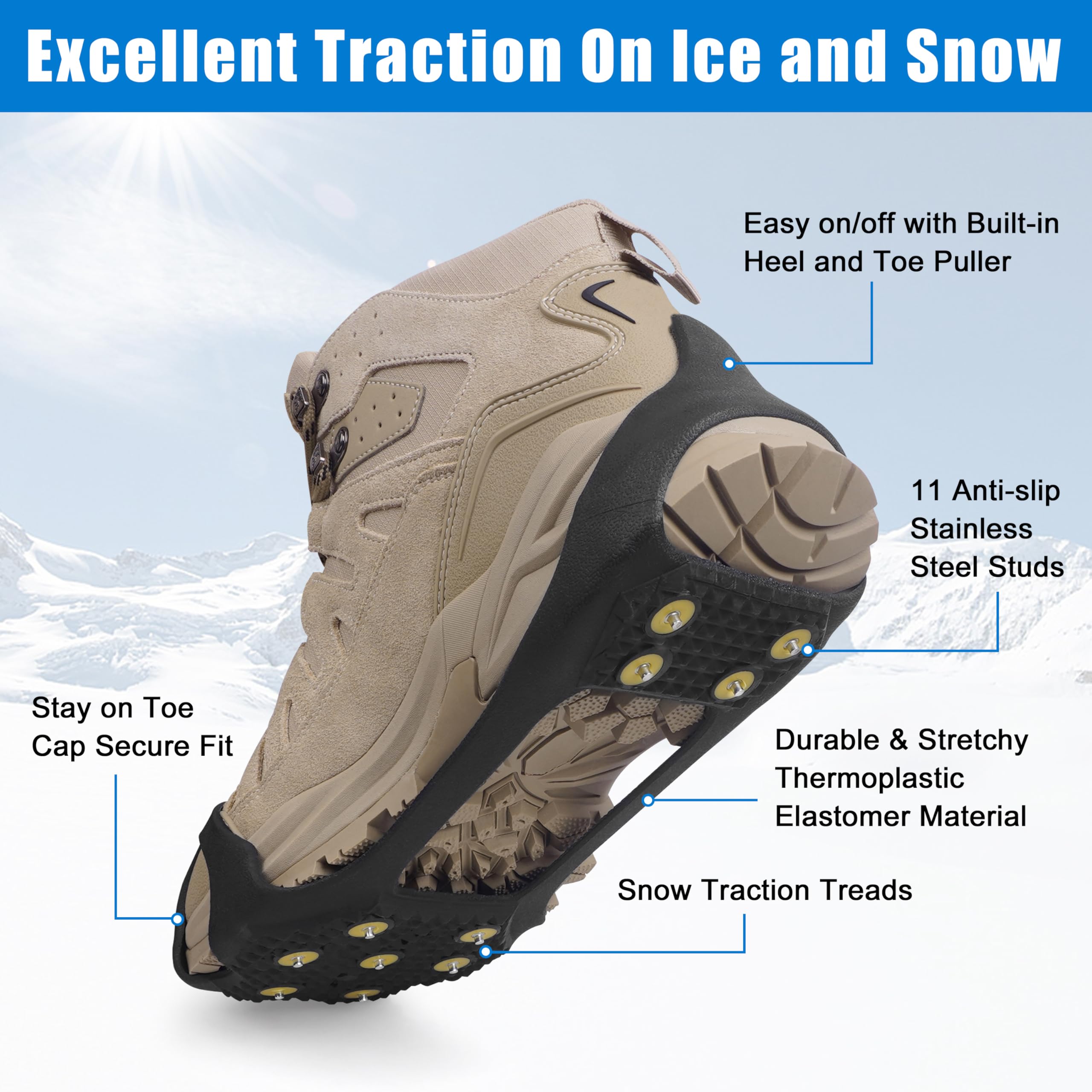 11-Stud Ice Cleats for Shoes & Boots - Anti-Slip Snow Traction Crampons for Men & Women | Perfect for Winter Hiking, Dog Walking & Icy Commutes