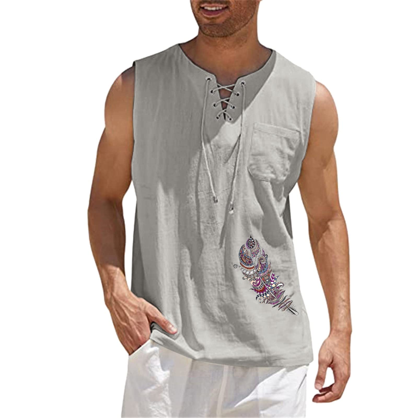 Men's Linen Cotton Blend Sleeveless V-Neck Tank Top - Breathable Summer Beach Shirt with Pockets for Casual Wear, Fitness & Hippie Style | Perfect for Outdoor Activities, Music Festivals & Gym Workouts