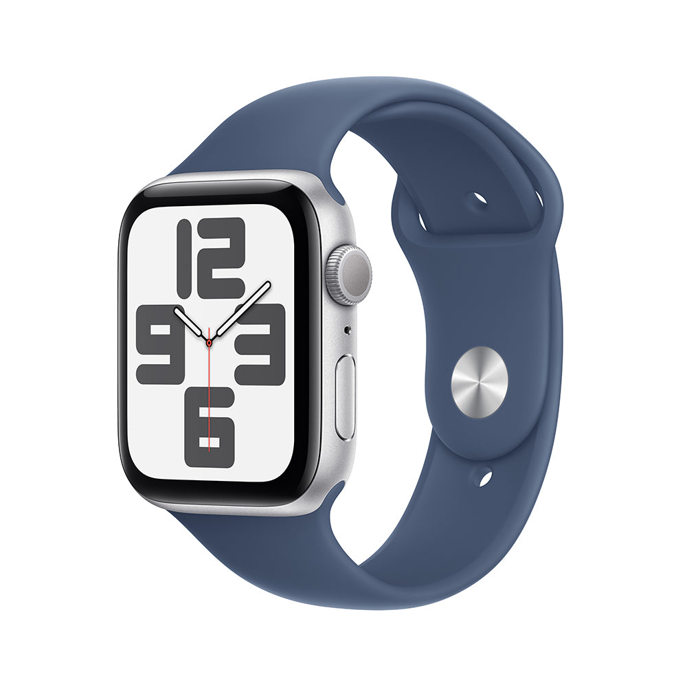 Apple Watch SE GPS 44mm Silver Aluminum Case with Blue Denim Sport Band S/M - Perfect for Fitness Tracking, Notifications & Everyday Wear