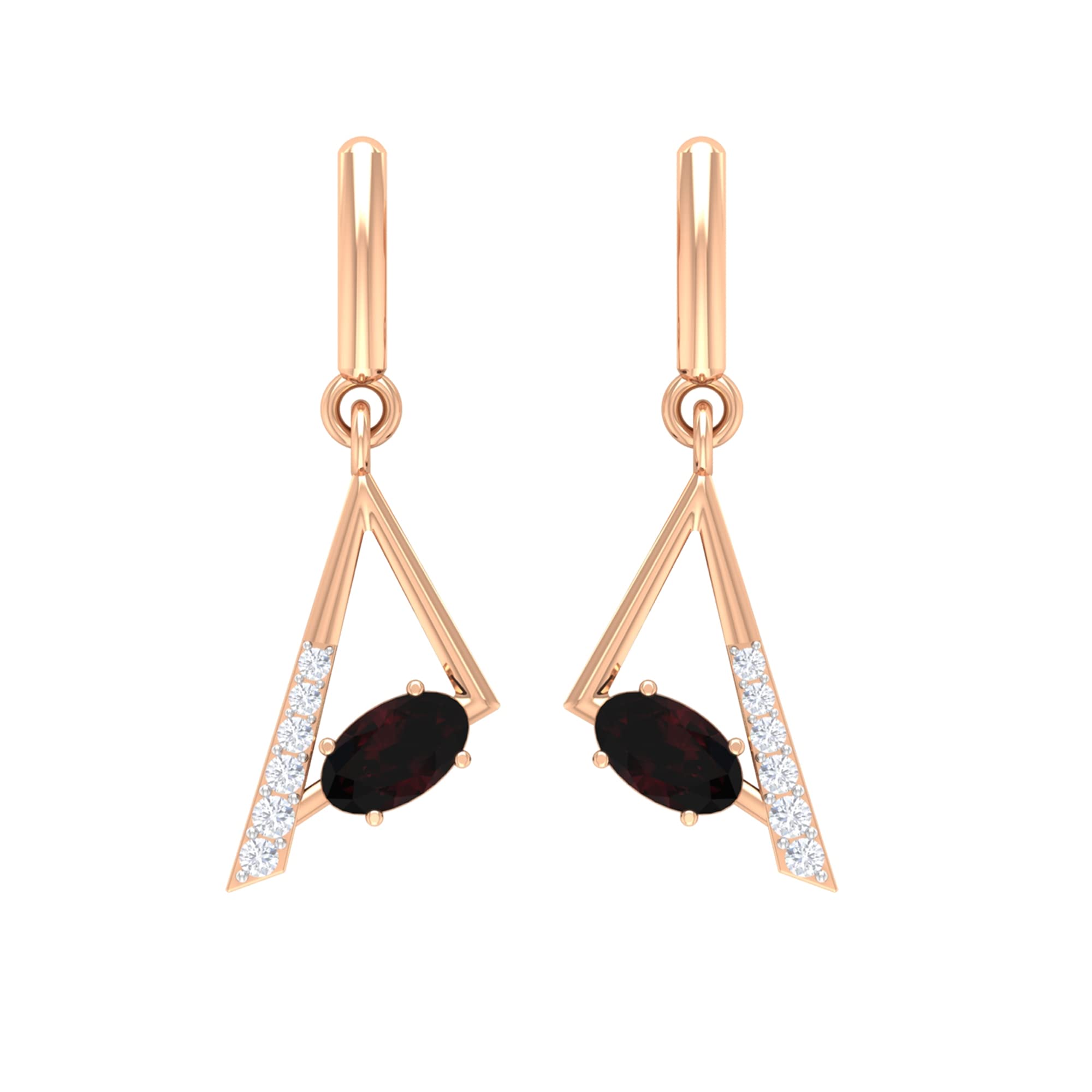 1/2 CT Garnet and Diamond Dangle Earrings - 3X5 MM Oval Cut Garnet Geometric Earrings - 14K Solid Gold Triangle Dangle Earrings for Women - Perfect for Parties, Weddings & Special Occasions