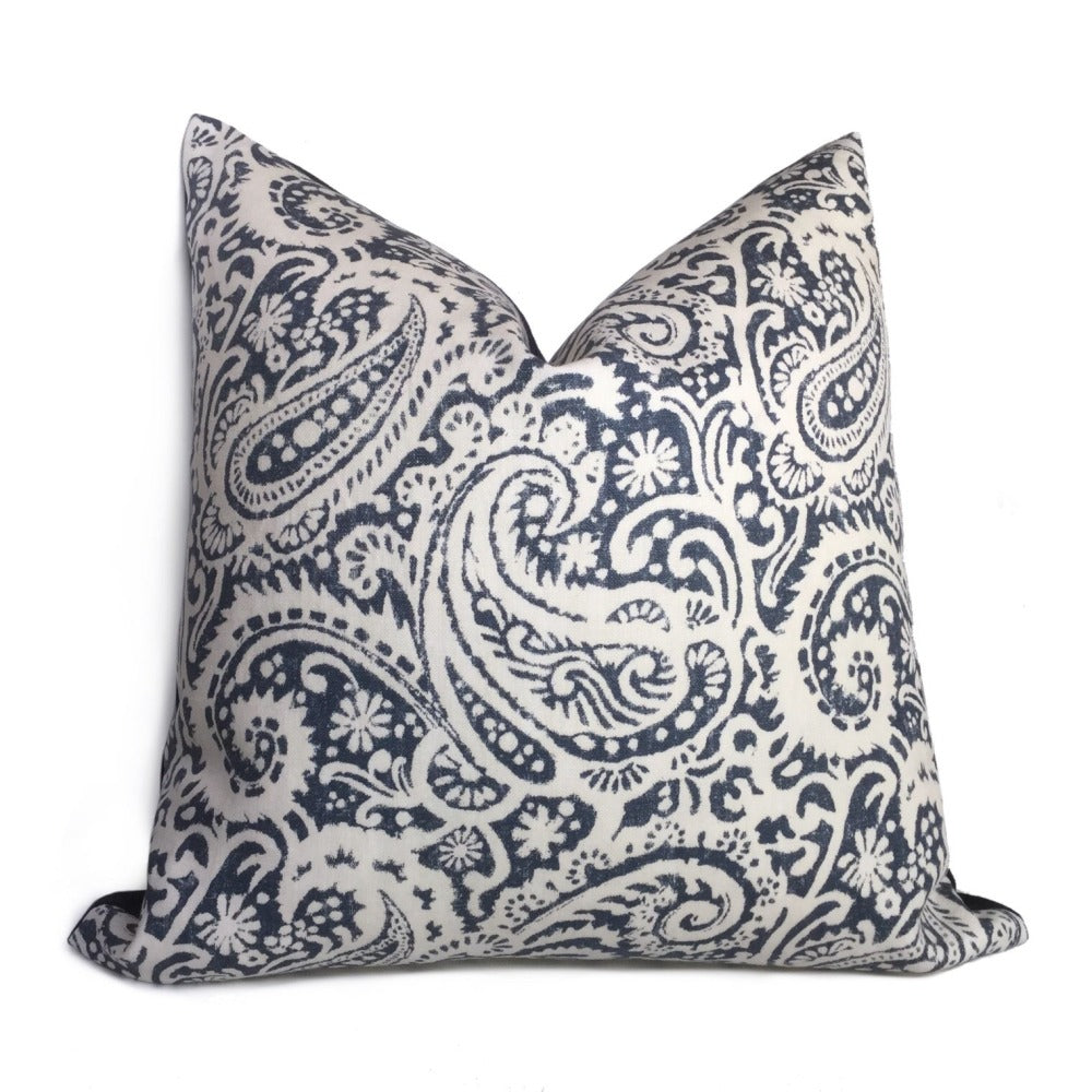 Kravet Arta Indigo Blue and Off White Paisley Linen Pillow Cover - Premium Decorative Throw Pillow Case for Sofa, Bedroom, and Living Room Decor