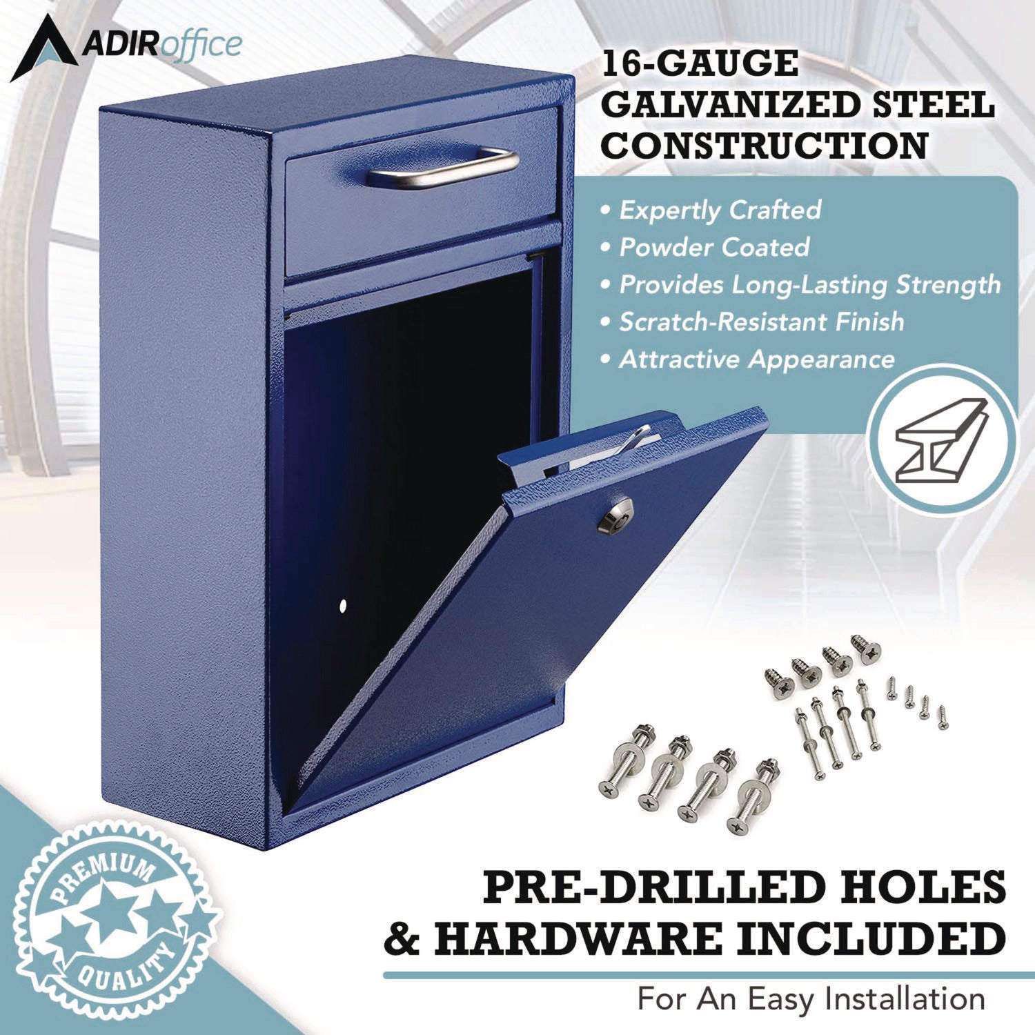 AdirOffice Large Wall Mounted Secure Drop Box - 11.2 x 4.7 x 16.2 Inch Blue Mailbox for Home & Office - Perfect for Package Delivery, Mail Collection and Secure Document Storage