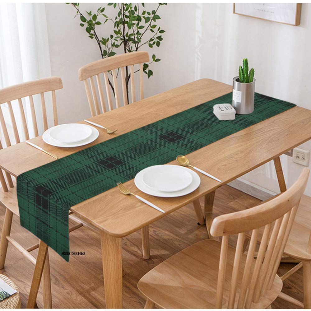 HGOD DESIGNS Tartan Table Runner - Green & Black Scottish Woven Plaid Cotton Linen Tablecloth (14