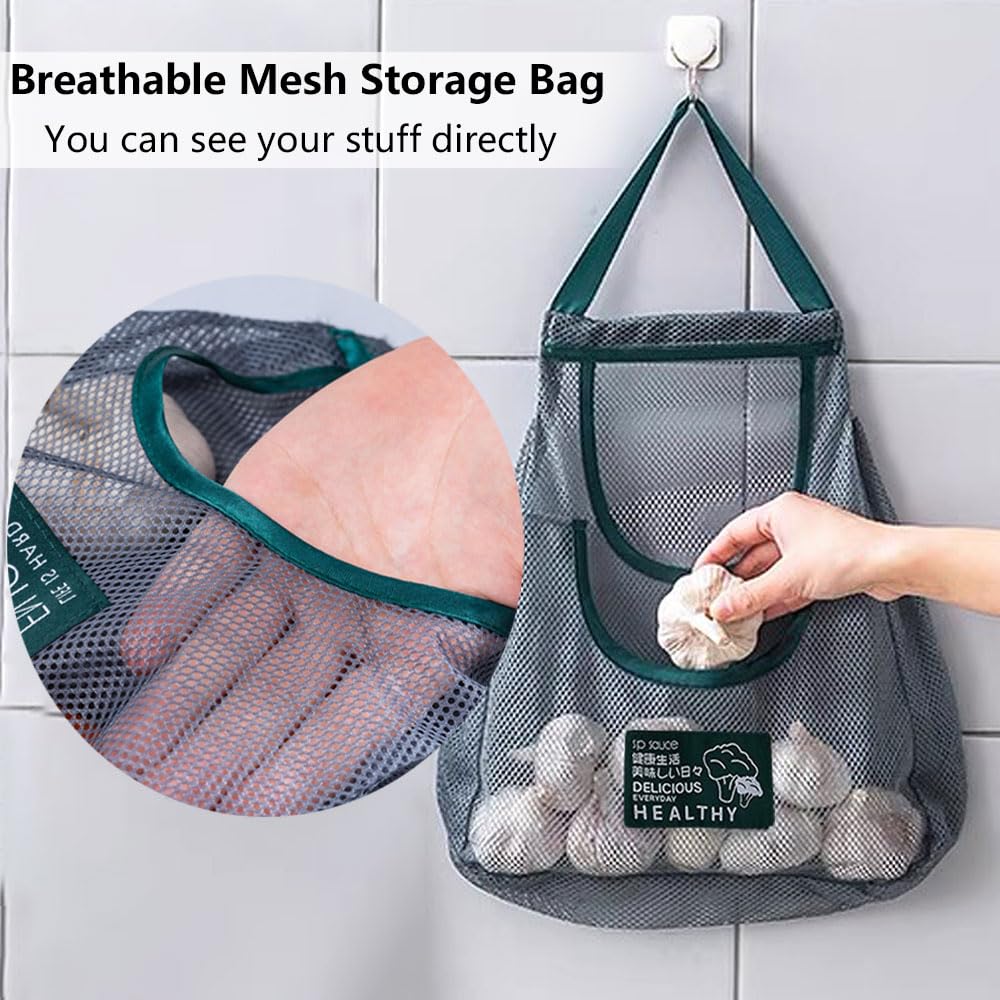 2 Pack Reusable Mesh Produce Bags - Large Durable Hanging Storage Bags with Dual Pockets for Fruits, Vegetables, Onions & Garlic - Breathable Eco-Friendly Grocery Shopping Bags for Kitchen, Pantry & Farmers Market Use
