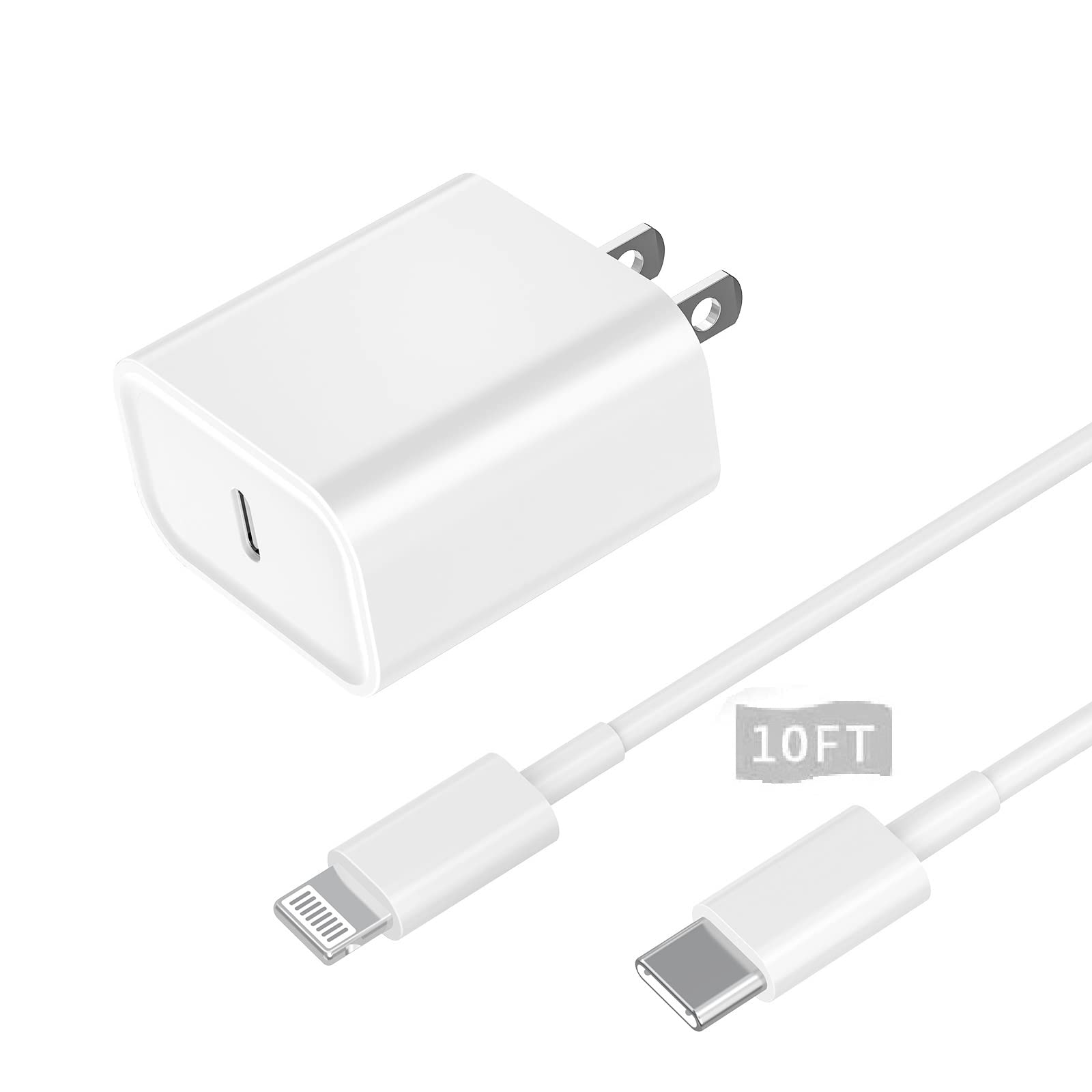 Apple MFi Certified 20W USB C Fast Charger Block & 10FT Type C to Lightning Cable - Compatible with iPhone 14/13/12/11/XS/XR/X & iPad - Fast Charging for Home, Office & Travel