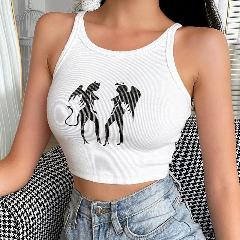 Gothic Women's Tank Top - Angel & Devil Print Sleeveless Slim Bralette Crop Top | Casual Streetwear Summer Fashion | Perfect for Concerts, Parties, and Gothic Outfits