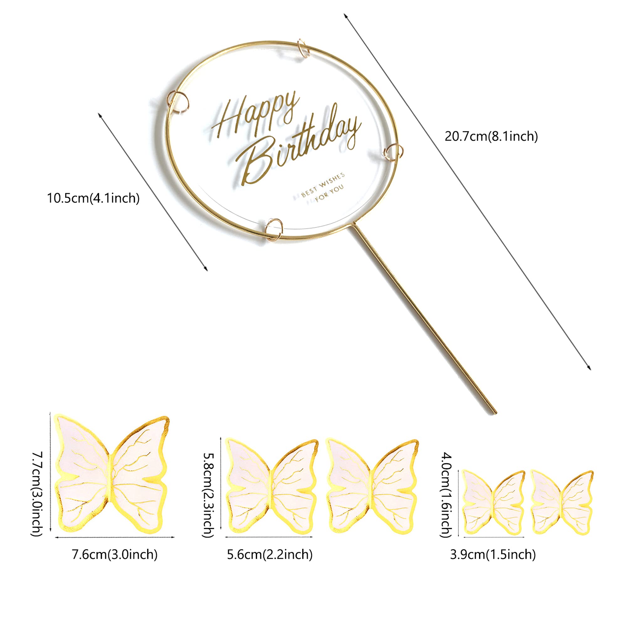 11 Pcs White Gold Butterfly Cake Toppers - Happy Birthday Metal Cake Decorations for Wedding, Baby Shower & Anniversary Parties - Elegant Butterfly Cake Decor for Birthday Cakes & Desserts