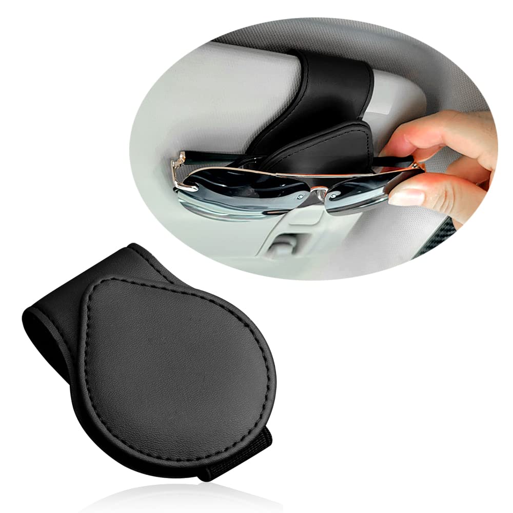 OFBAND Magnetic Sunglass Holder for Car Visor - PU Leather Car Organizer for Glasses, Tickets & Cards - Universal Car Accessories Interior (Black) - Perfect for Road Trips, Commuting & Keeping Your Car Tidy