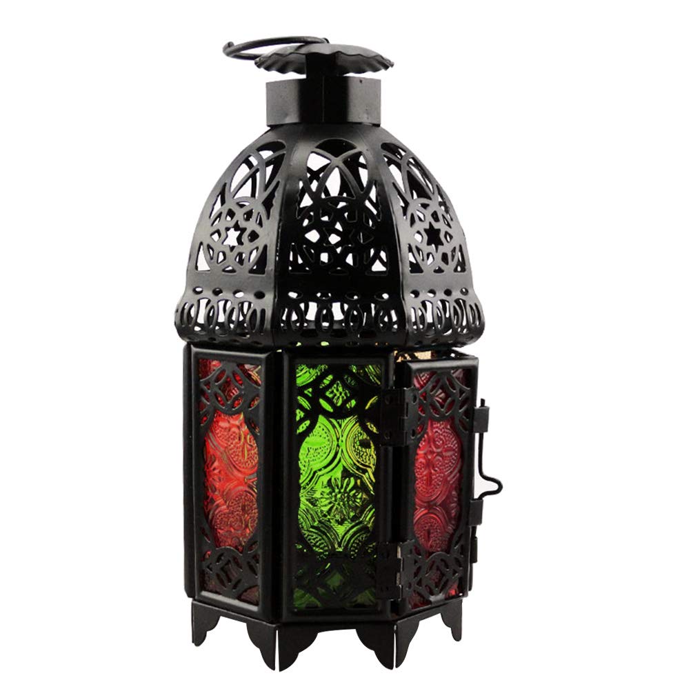 SOIMISS Wrought Iron Candle Holder - Vintage Moroccan Style Hanging Lantern with Colorful Glass, Black Metal Desktop Candlestick for Wedding Decor, Home Decor, Outdoor Garden & Patio Lighting