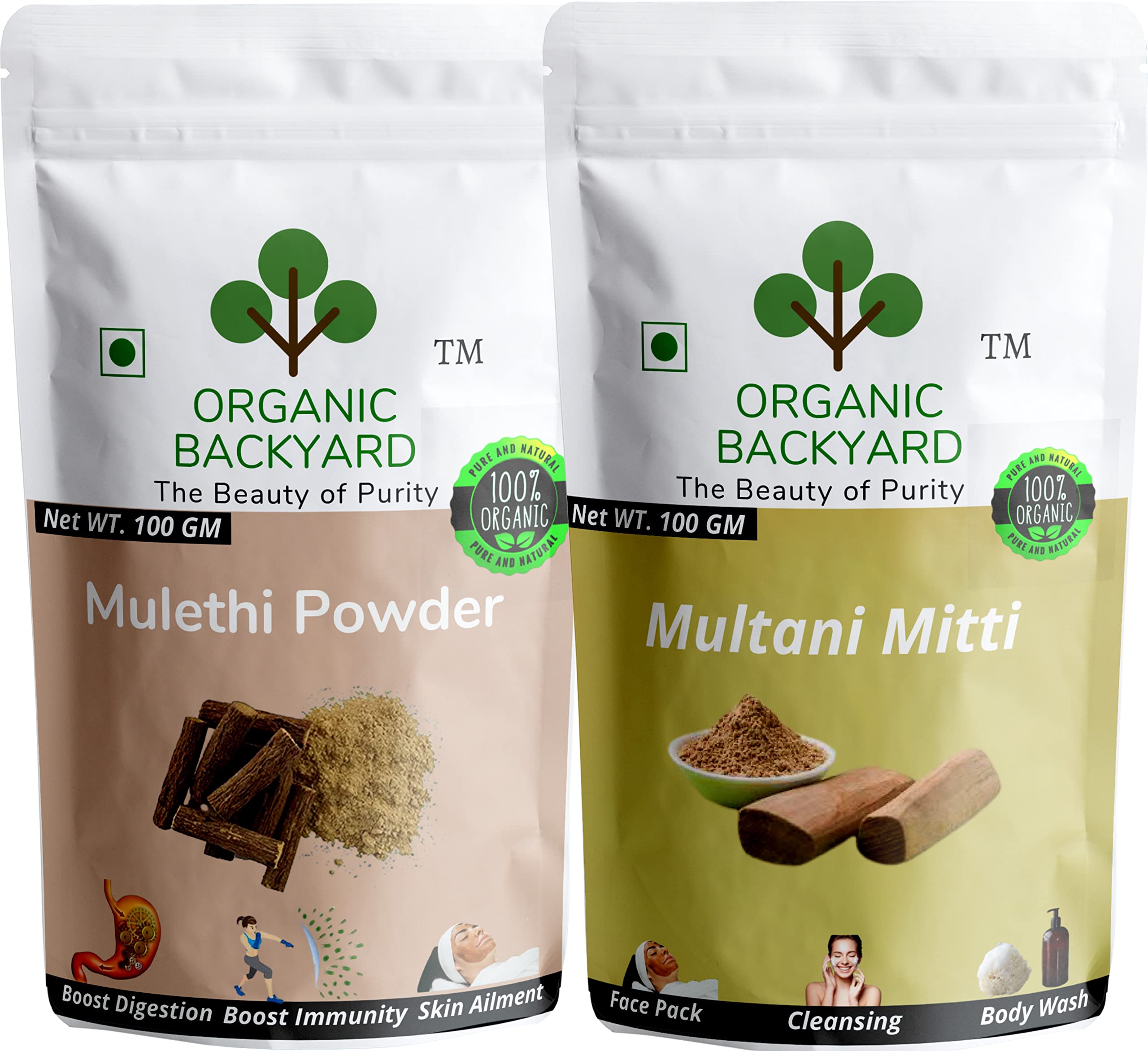 ORGANIC BACKYARD 100% Natural Mulethi & Multani Mitti Powder Combo - 100g Each for Glowing Skin & Face Care | Ayurvedic Beauty Treatment for Acne, Blackheads & Oil Control