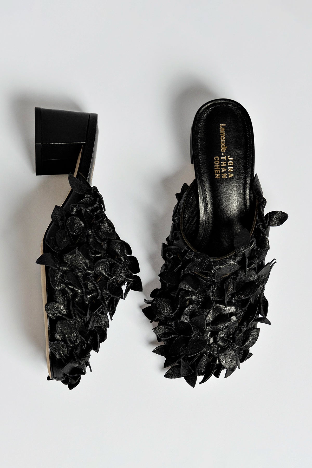 Larroudé x Jonathan Cohen Black Leather Dew Drop Mules - Stylish Women's Slip-On Shoes for Casual Wear & Office Outfits